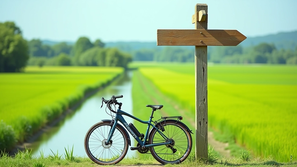Bicicletta parcheggiata accanto a palo di legno con segnaletica per sentieri, campi verdi e canale sullo sfondo, giornata soleggiata