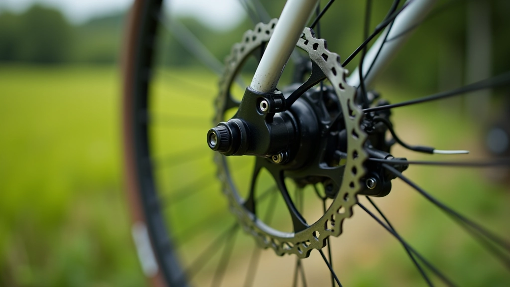 Dettaglio del cambio e dei freni a disco di una bicicletta da trekking moderna, componenti ben visibili e puliti