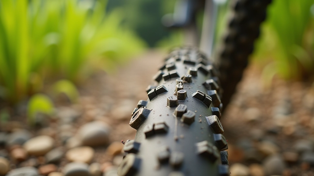 Primo piano dei pneumatici da bicicletta con profilo aggressivo, su superficie mista di ghiaia e terra compatta, dettaglio texture del battistrada