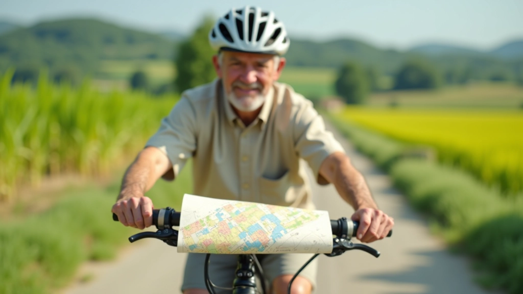 Mano di ciclista che tiene mappa cartacea piegata su manubrio di bicicletta, sfondo di canali rurali e campi di riso