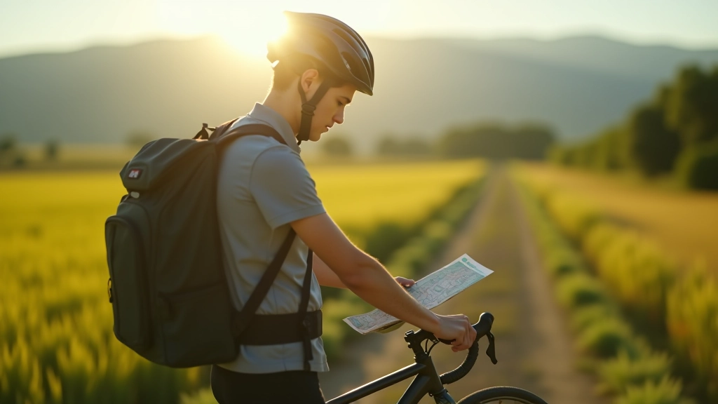 Orologio e mappa su zaino da bici, ciclista che controlla il tempo prima di partire