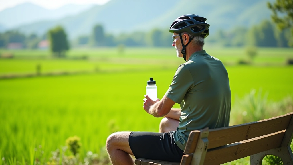 Ciclista che riposa su panchina con bottiglia d'acqua, paesaggio di risaie verdi sullo sfondo