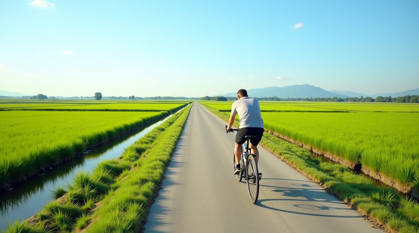 Ciclista che pedala su strada rurale con canali d'irrigazione e risaie verdi ai lati, paesaggio piatto e soleggiato