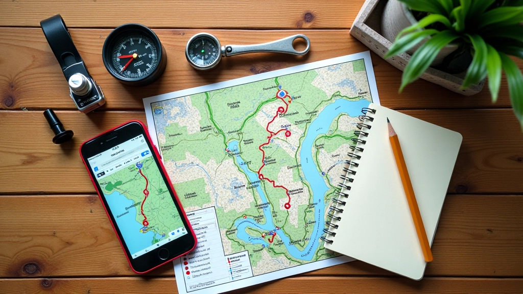 Tavolo con attrezzatura per cicloturismo: mappa cartacea, smartphone con app mappe aperta, bussola, lente di ingrandimento, quaderno con note