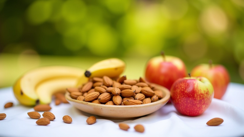 Banana, mela, mandorle e barretta di cereali su panno di lino, tavolo da picnic all'aperto