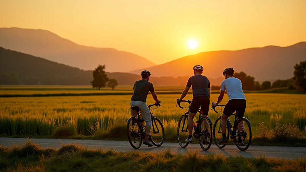 Gruppo di ciclisti di mezza età che riposano accanto alle biciclette in un punto panoramico tra campi di risaia al tramonto