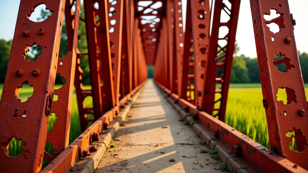 Ponte in ferro rosso con dettagli di rivetti, struttura delicata che attraversa canale agricolo tra campi di riso