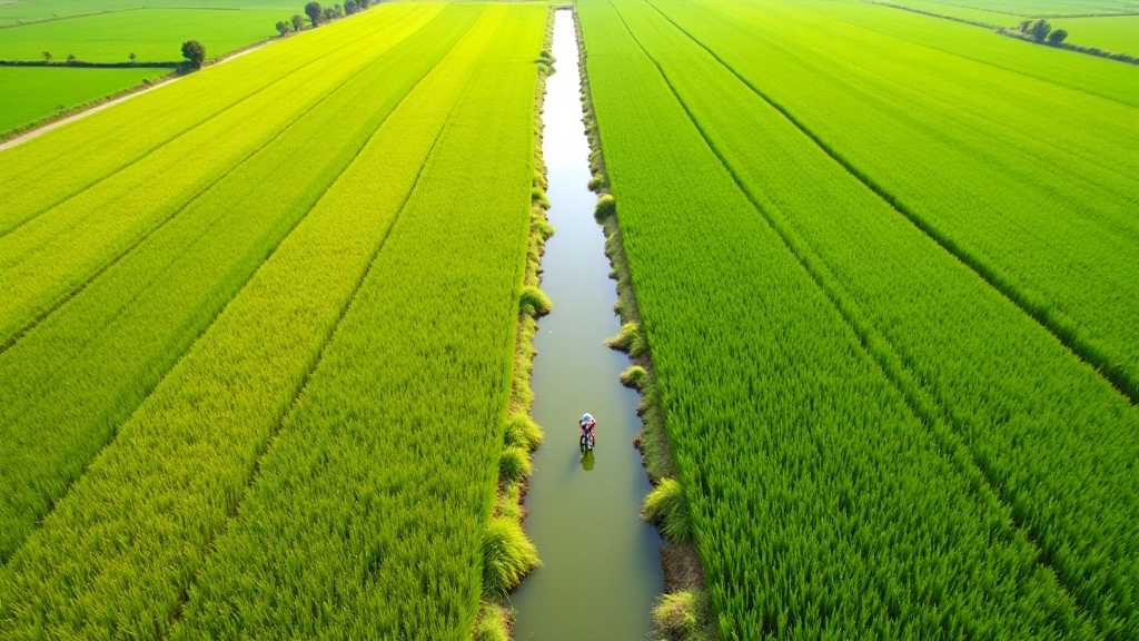 Veduta aerea di risaie e canali d'irrigazione nel Vercellese con geometrie d'acqua