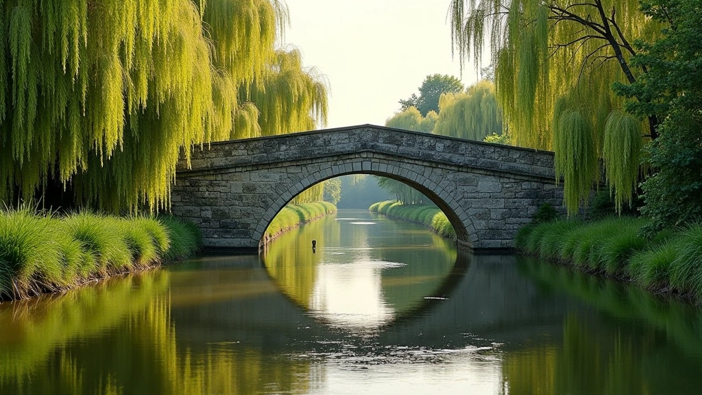 Primo ponte in pietra grigia che attraversa un canale d'irrigazione, con riflessi dell'acqua e alberi lungo le sponde