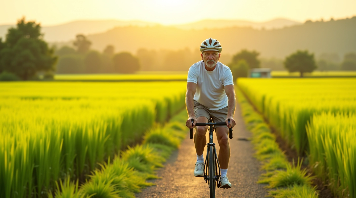 Ciclista pedalando lungo una strada rurale con campi di riso verdi su entrambi i lati e canale d'irrigazione