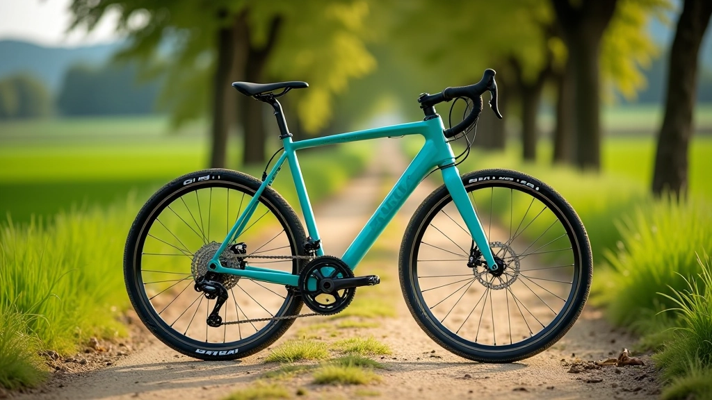 Bicicletta da trekking color verde salvia parcheggiata su strada rurale di campagna con alberi di pioppo sullo sfondo, canale visibile in lontananza