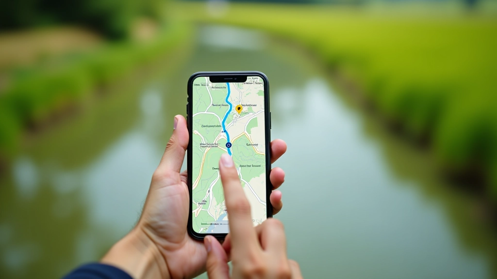 Schermo di smartphone che mostra app di mappe con tracciato ciclopedonale evidenziato, dito di ciclista che punta una posizione sulla schermata