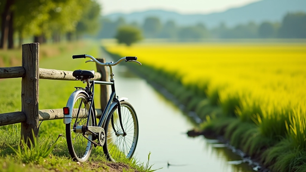 Dettaglio di una bicicletta vintage con canale d'irrigazione sullo sfondo e risaie in fiore