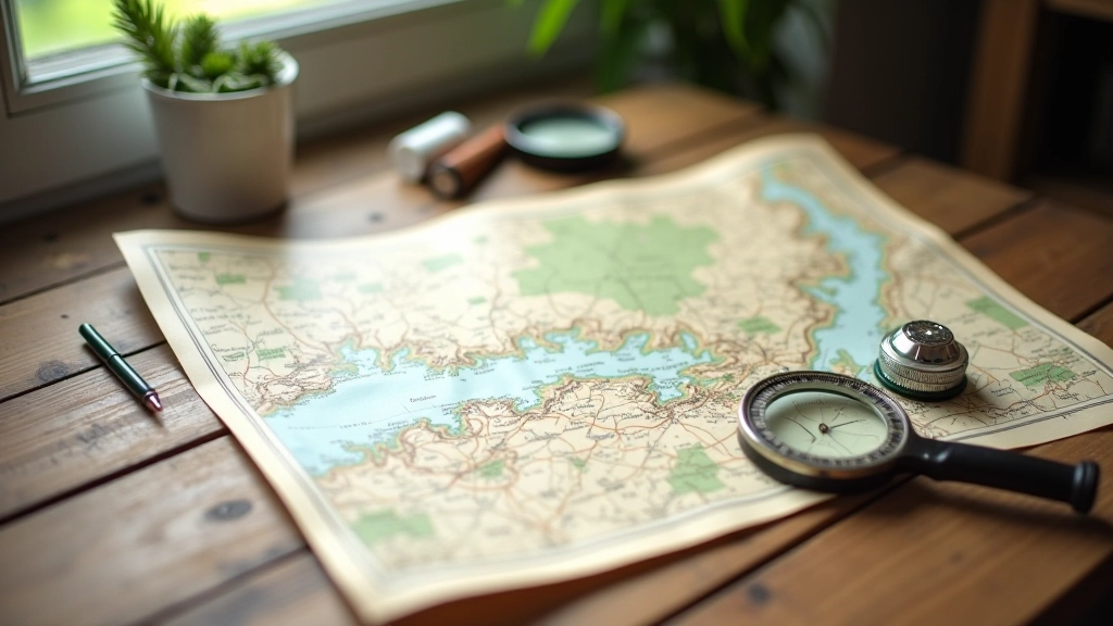 Mappa topografica stesa su tavolo di legno con bussola e lente d'ingrandimento, stile vintage