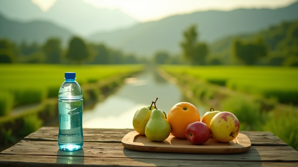 Bottiglia d'acqua e frutta fresca su un tavolo all'aperto, con paesaggio rurale sullo sfondo