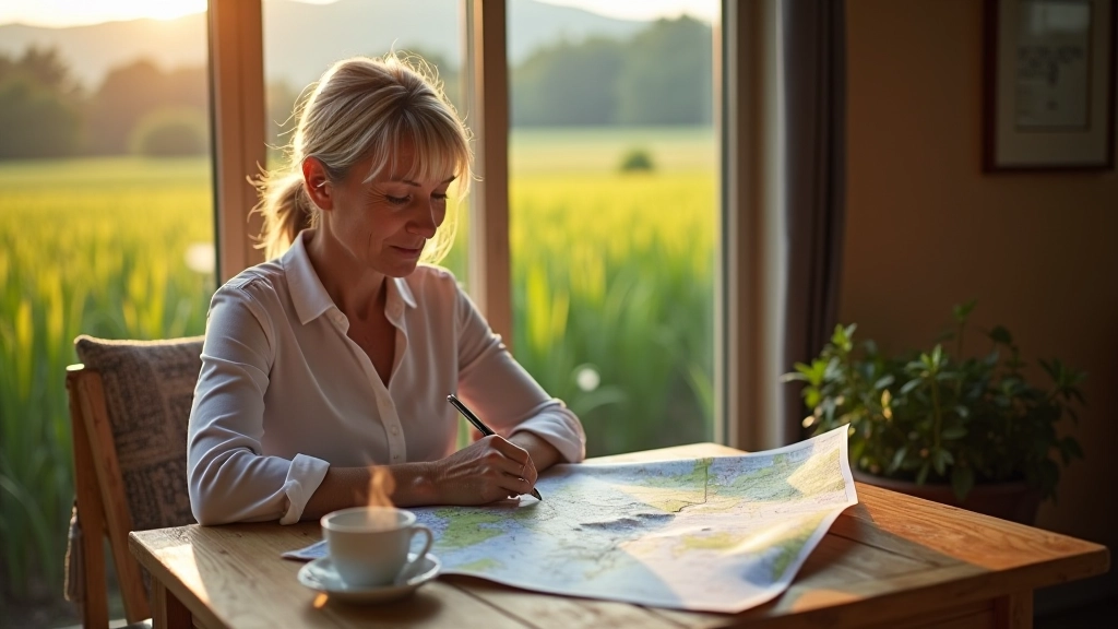 Ciclista che studia una mappa stradale su tavolo di legno con caffè fumante, luce naturale da finestra, ambiente rustico