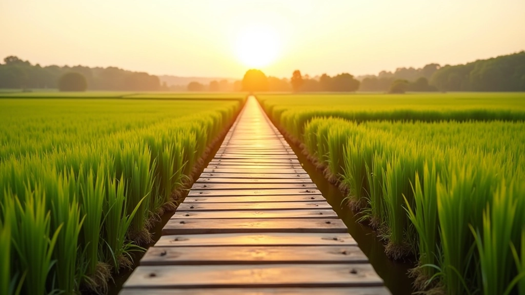 Ponte di legno sopra un canale d'irrigazione con risaie verdi sullo sfondo, sole al tramonto
