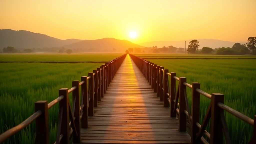 Ponte in legno con ringhiere scure, paesaggio di risaie verdi sullo sfondo durante il tramonto